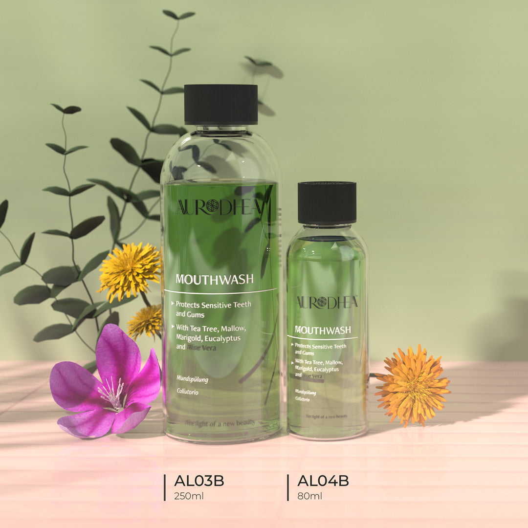 AL03B Mundspülung mit Aloe Vera 250 ml - 80 ml | Angereichert mit Teebaumöl, Malve, Ringelblume & Eukalyptus